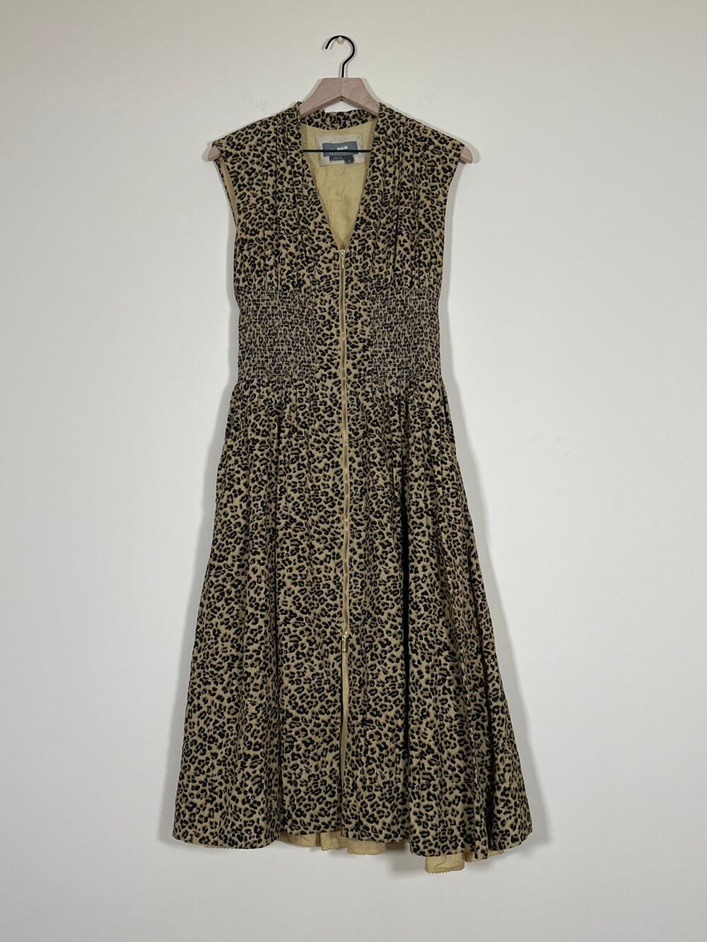 Anthropologie Tommie Leopard Smocked Front Zip Midi Dress M
